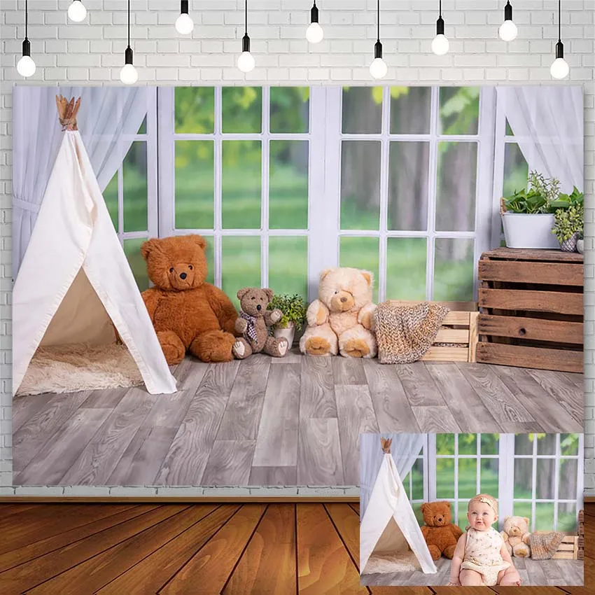 

Baby Shower Backdrop Indoor Window Teddy Bear Tent Birthday Photography Background Photo Studio Photozone Photophone Decor Props