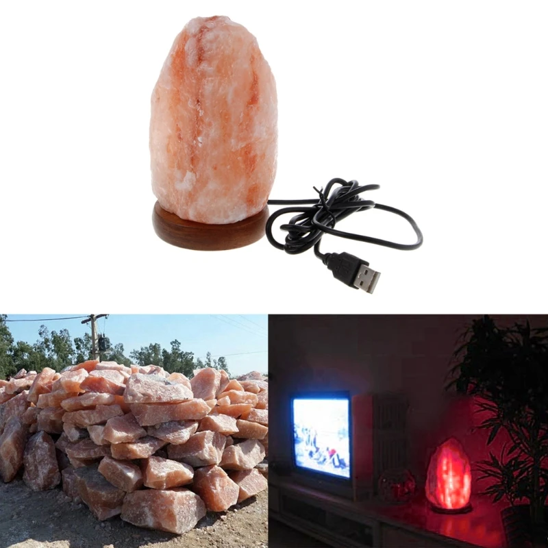 Hand Carved USB Wooden Base Himalayan Rock Salt Lamp Air Purifier Night Light Dropshipping