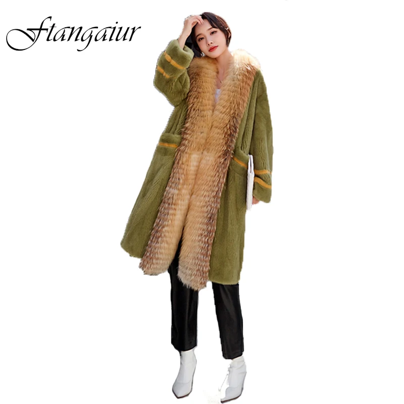 

Ftangaiur New Winter Import Velvet Mink Fur Coat Colorful Slim Golden Island Fox Fur Women X-Long Natural Real Mink Coats