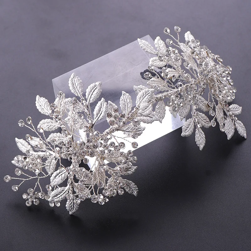 

Luxury Silvery Leaf Crystal Pearl Hair Accessories Taira Headpiece Headband Bride Wedding Dress Flower Bead Women's Jewelry Gift