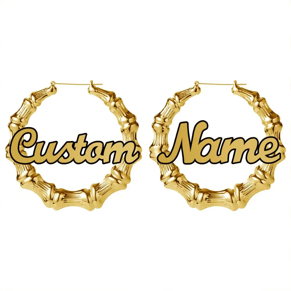 30mm-100mm Custom Bamboo Hoop Earrings Customize Name Earrings Bamboo Style Personality Earring With Statement Words Hiphop Sexy