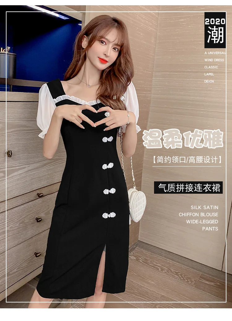 Qipao-스퀘어 칼라 슬림 허리 작은 검정색 드레스 여성용, 프랑스 복고풍 치파오 섹시 개선 중간 길이 스타일 여름