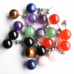 Natural stone mixed Stud Earrings Crystal Quartzs Round Ball Beads Silver Color Fashion Ear Jewlry for Women Girl 20pcs