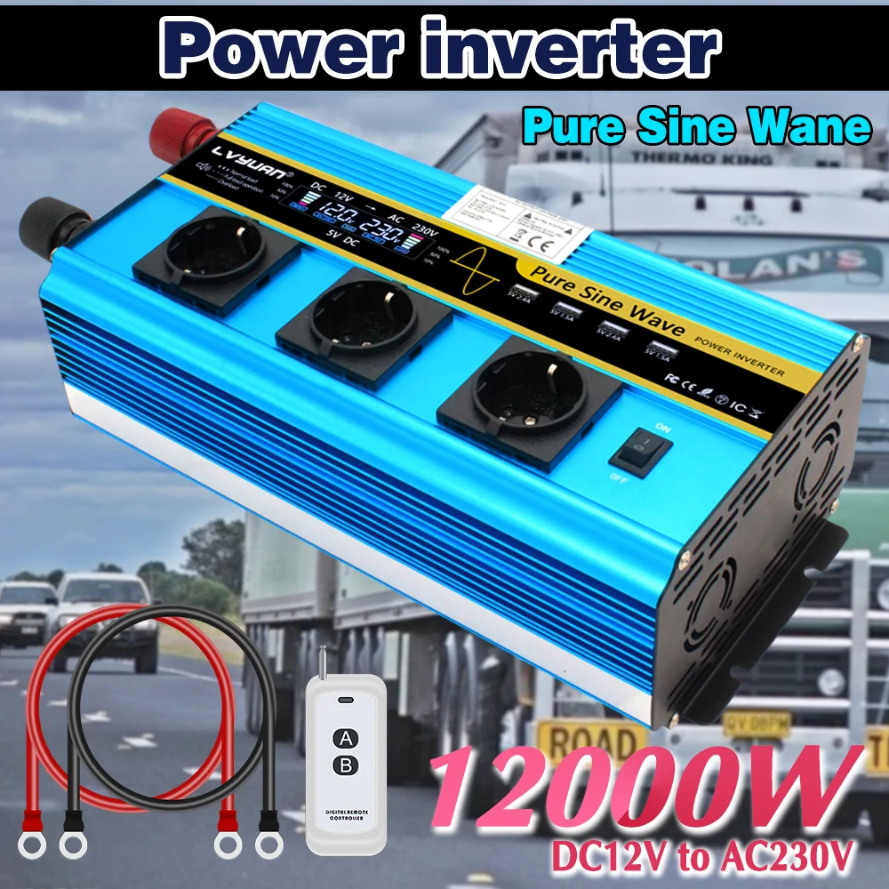 12V DC To 230V Wireless Remote Control 6000W Continuous/12000W Peak LCD 3 EU Socket 4 USB Power Converter Car Solar Inverter