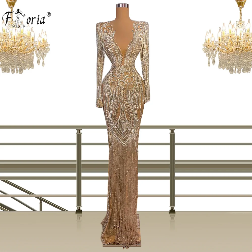 Elegant Diepe V-hals Avondjurk Sparkly Sequin Kralen Cystals Prom Jassen Riem Formele Pageant Gown Aanpassen Robe De Mariee