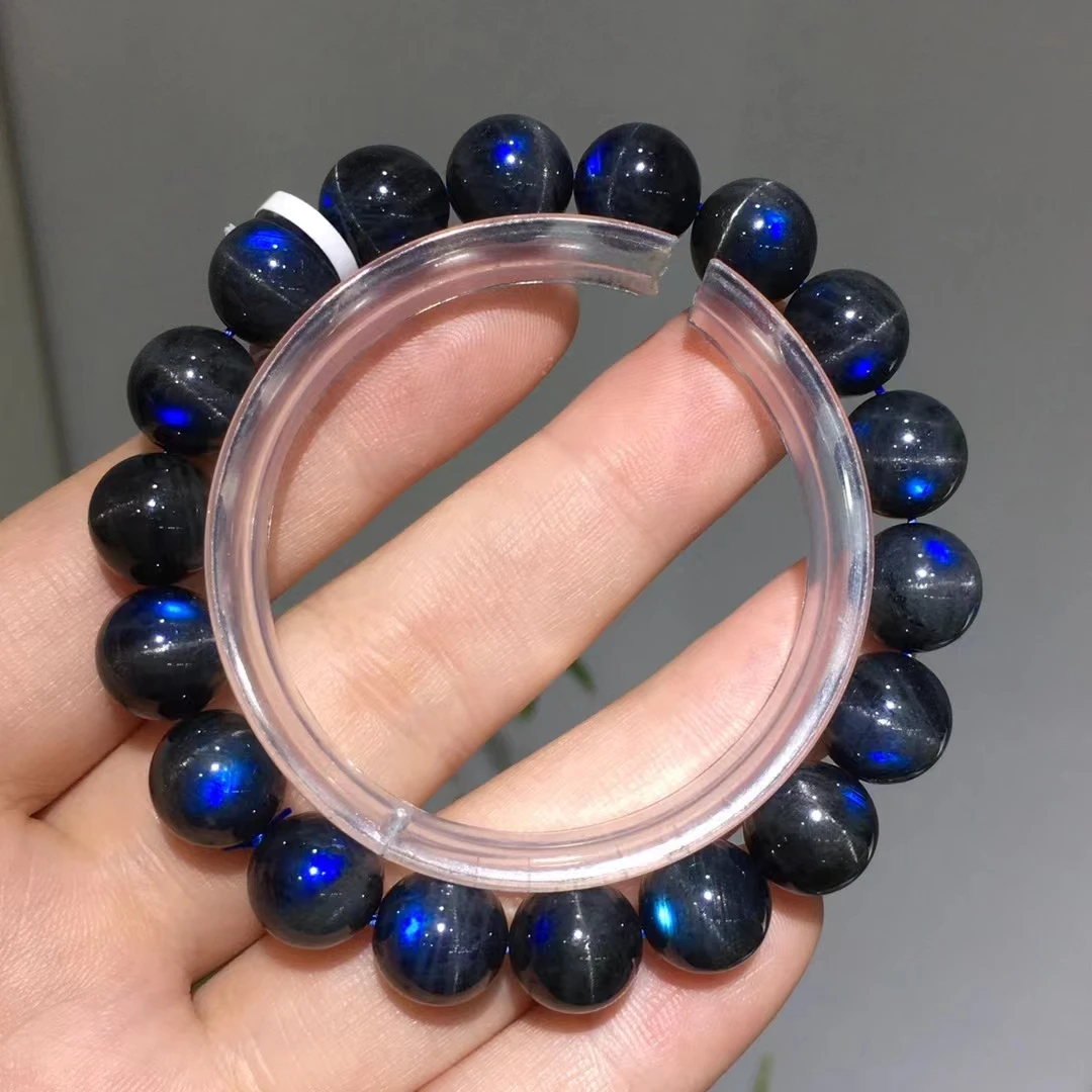 Natural Black Labradorite Blue Light Bracelet Crystal Clear Round Beads Women Men 11mm 12mm 13mm AAAAA