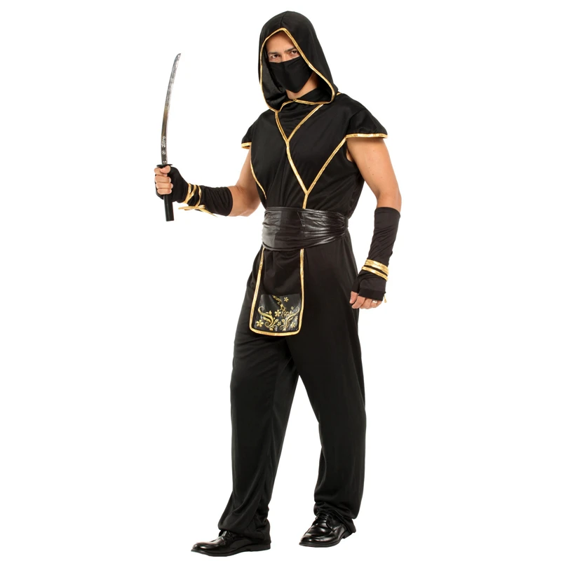 Fantasia japonesa samurai ninja cosplay masculina, preta, dourada, carnaval, Purim, trajes de Halloween, vestido extravagante, guarda-chuva, adulto