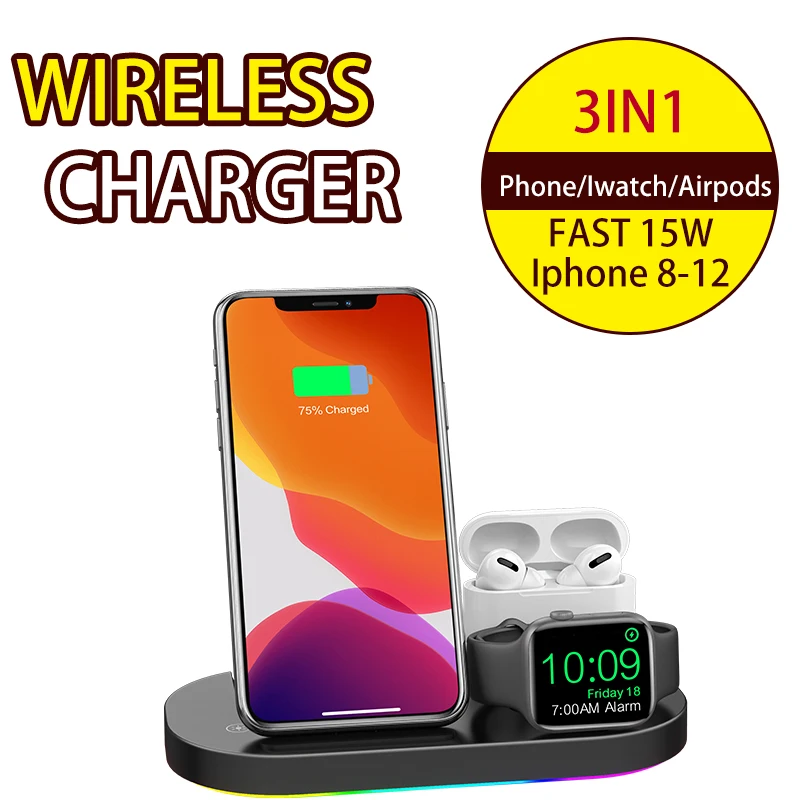 

Fast 15W 3in1 Smart Phone Charging dock station QI Wireless charger for Xiaomi Huawei Iphone 12 11 XS XR X 8 Apple watch airpods