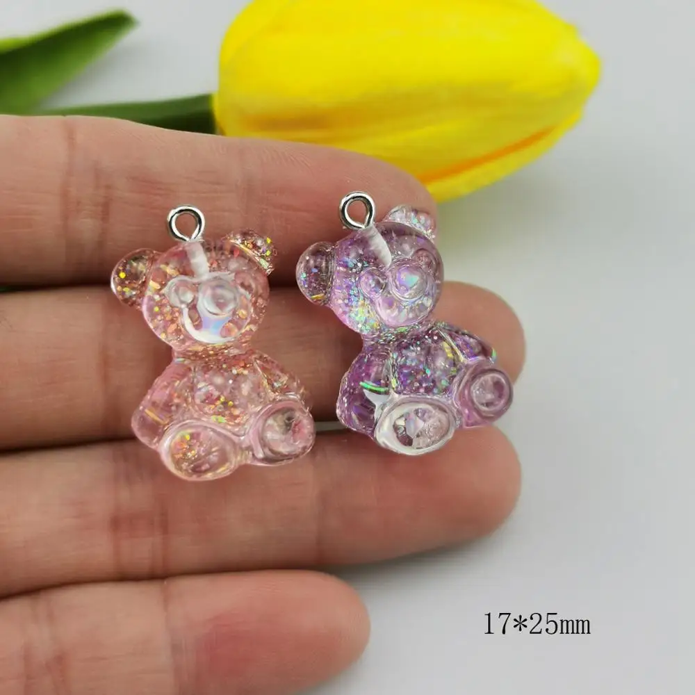 20Pcs 3D Glitter Gummy Bear Resin Charms Fit DIY Necklace Bracelet Earrings Jewelry Making Findings Cute Bears Pendants 17*25mm