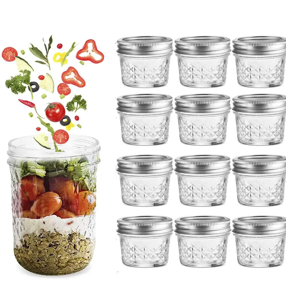 Regular Mouth Mason Jars with Lids , Quilted Crystal Jars Ideal for Jams, Smoothies, Desserts, Salads 1pcs