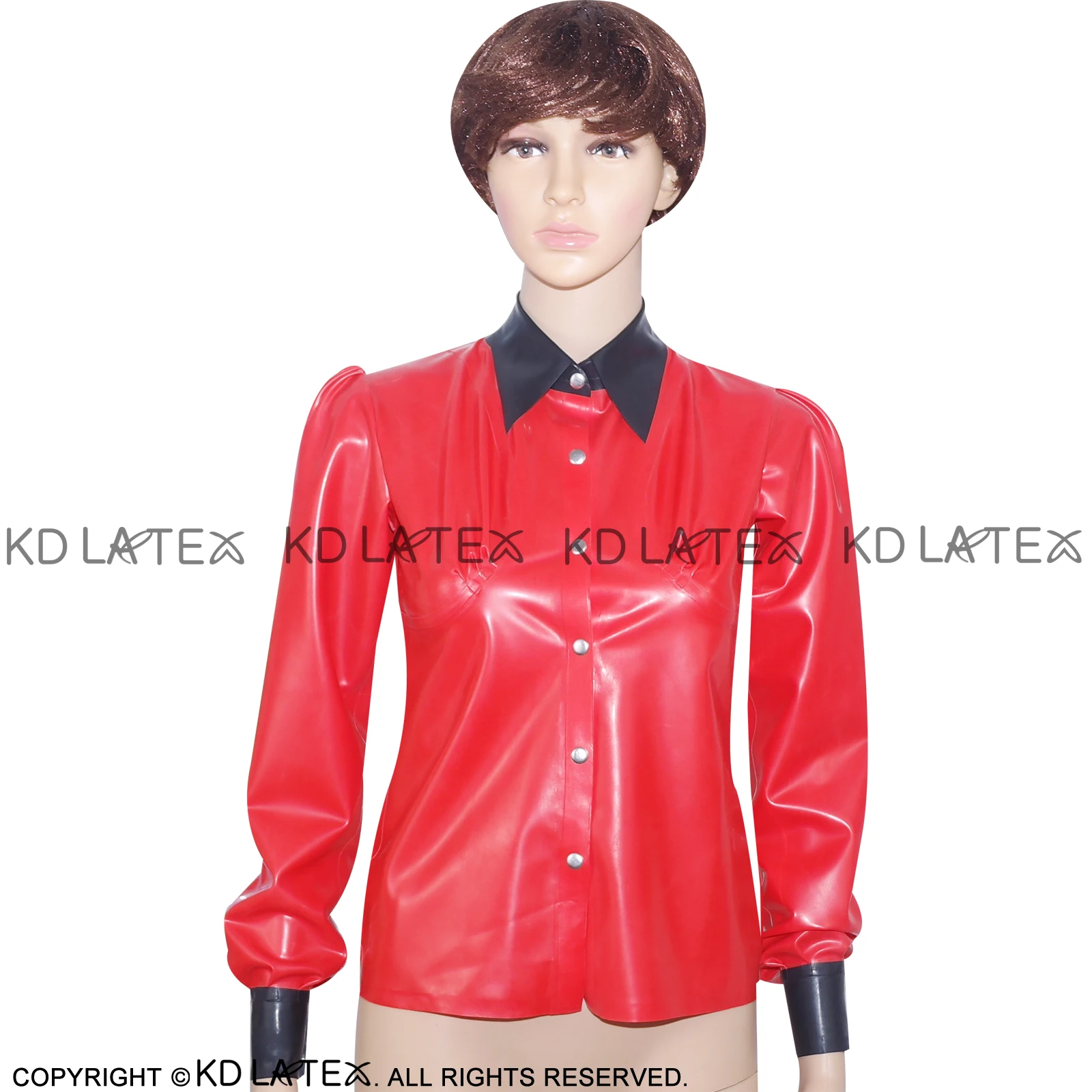 Red With Black Sexy Latex Blouse Buttons At Front Puff Sleeves Rubber Shirts Top Clothes YF-0022