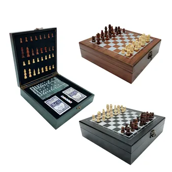 BSTFAMLY Folding carved wooden chess set Portable chess game Poker Domino dice 4 in 1 family or outdoor entertainment game I63