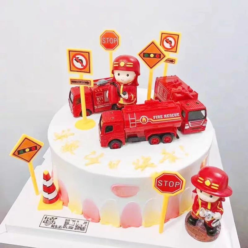 Fire Ladder Truck Water Tank Cake Topper Fireman kid 1st One Year Birthday Party Firefighter Hero Themed Birthday Boy Cake Decor