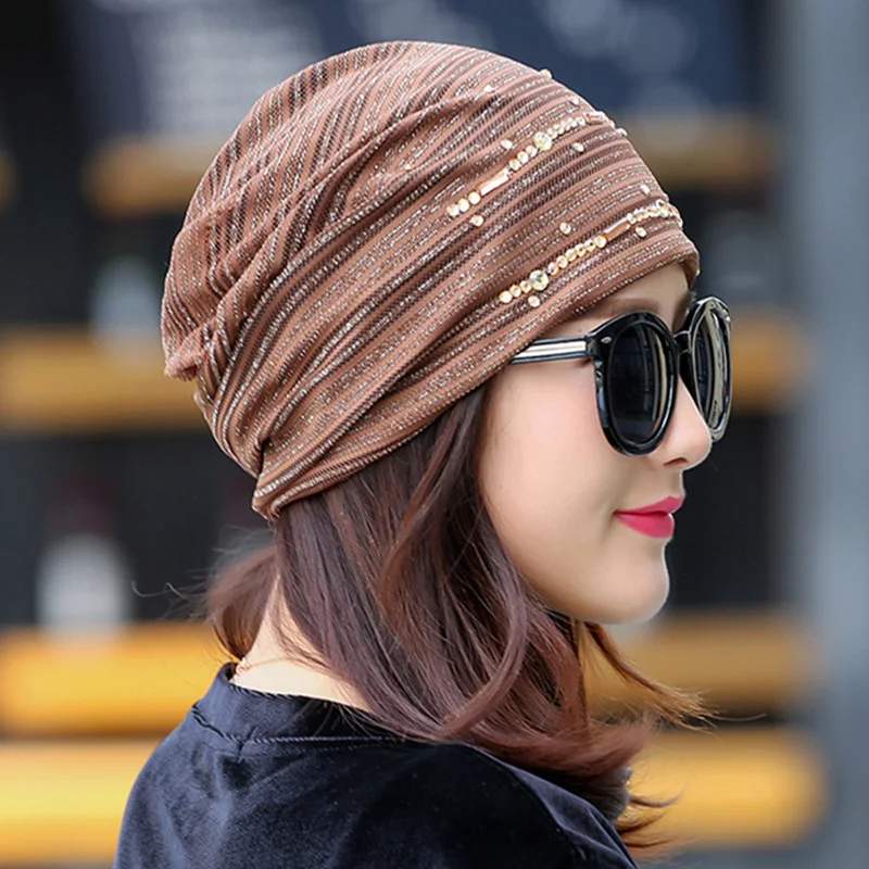 Women Winter Knitted Windproof Warm Cap Female Summer Thin Lace Rhinestone Sports Sunscreen Fold Black Sun Hat K30