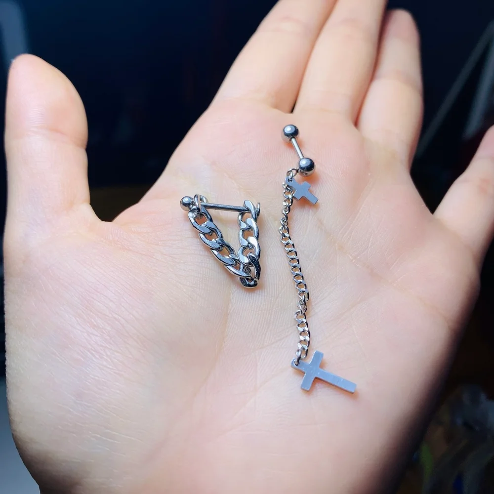 Immagine 3: 1 pz in acciaio inox elica Piercing conchiglia orecchino croce ciondola catena cartilagine Body Piercing gioielli 16G1.2mm Punk coreano assonnato