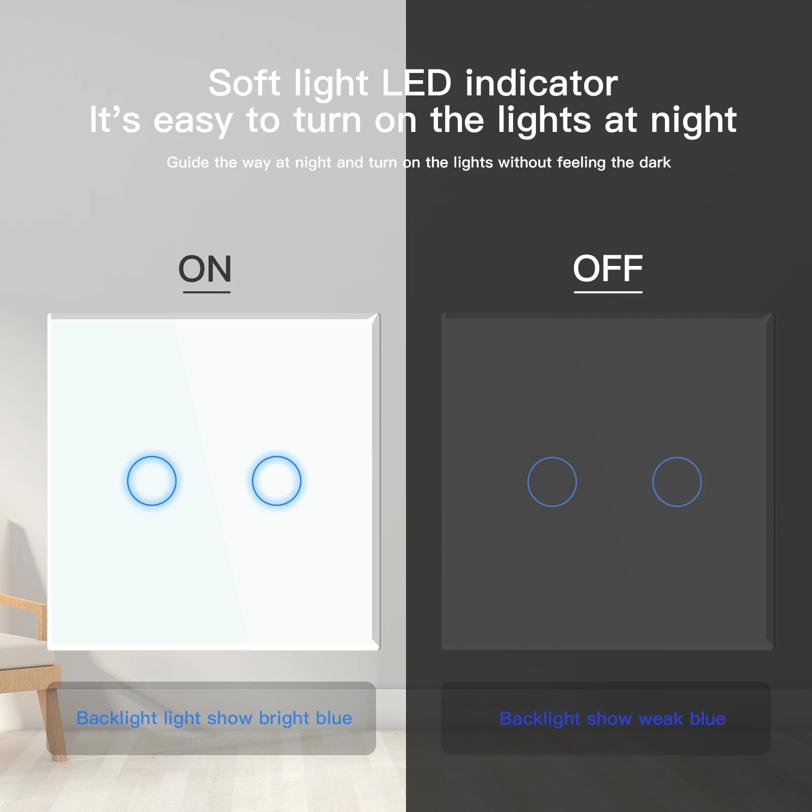 BSEED Touch Light Switches LED Backlight EU Wall Sockets Switches Glass Panel Max.Load 300W 1/2/3Gang LED Light Switches