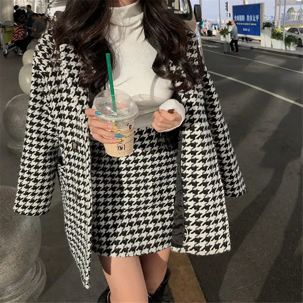 Vintage Plaid Print Woolen Jacket Women Korean Harajuku High Waist A-line Hip Skirts Streetwear Coat Two-Piece Sets Suits Female