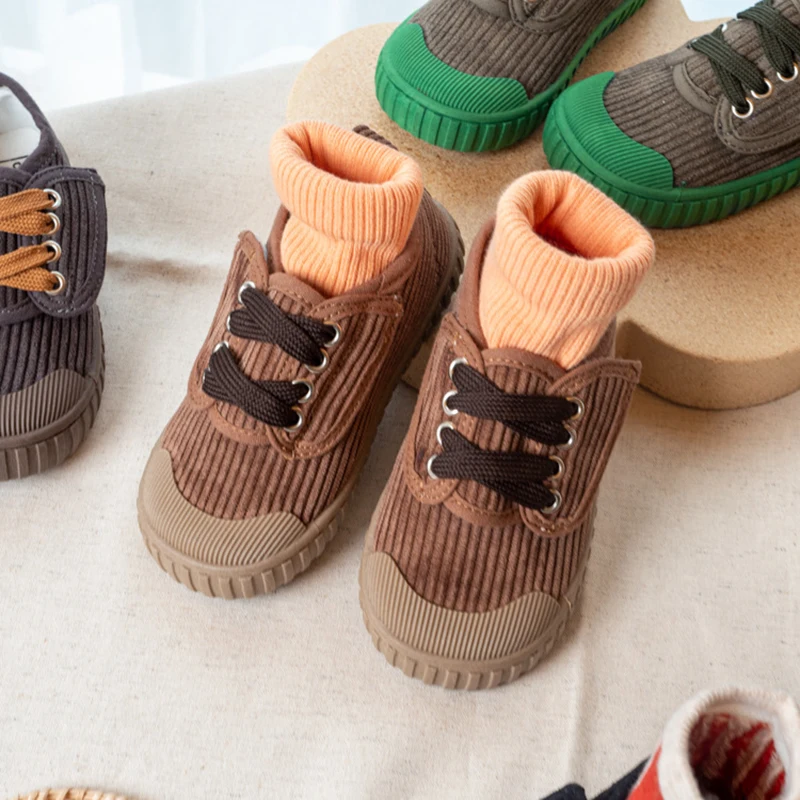 Autumn Kids Korean Corduroy Sneakers Winter Plush Warm Non-slip Casual Boys Shoes Retro Fashion Children Student Canvas Shoes