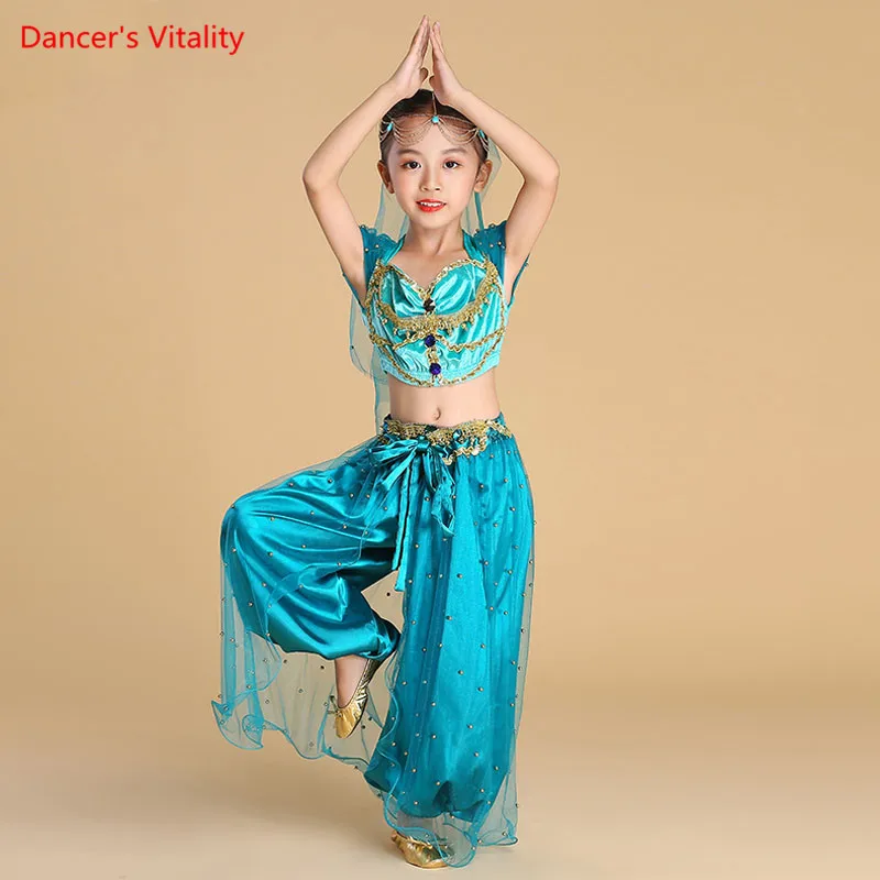 Belly Dance Suit Tulle Short Sleeve Top+Headscarf+Headwear+Wide Leg Pants 4-Piece Set Indian Dancewear Girl Performance Clothing