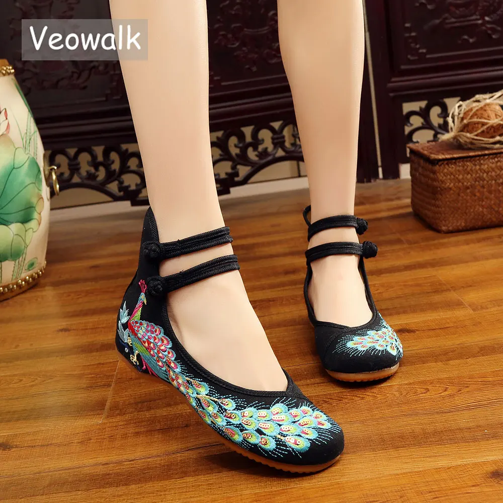 Veowalk Glitter Sequins Peacock Embroidery Women Canvas Ballet Flats Ladies Casual Walking Shoes Chinese Style Cotton Ballerinas