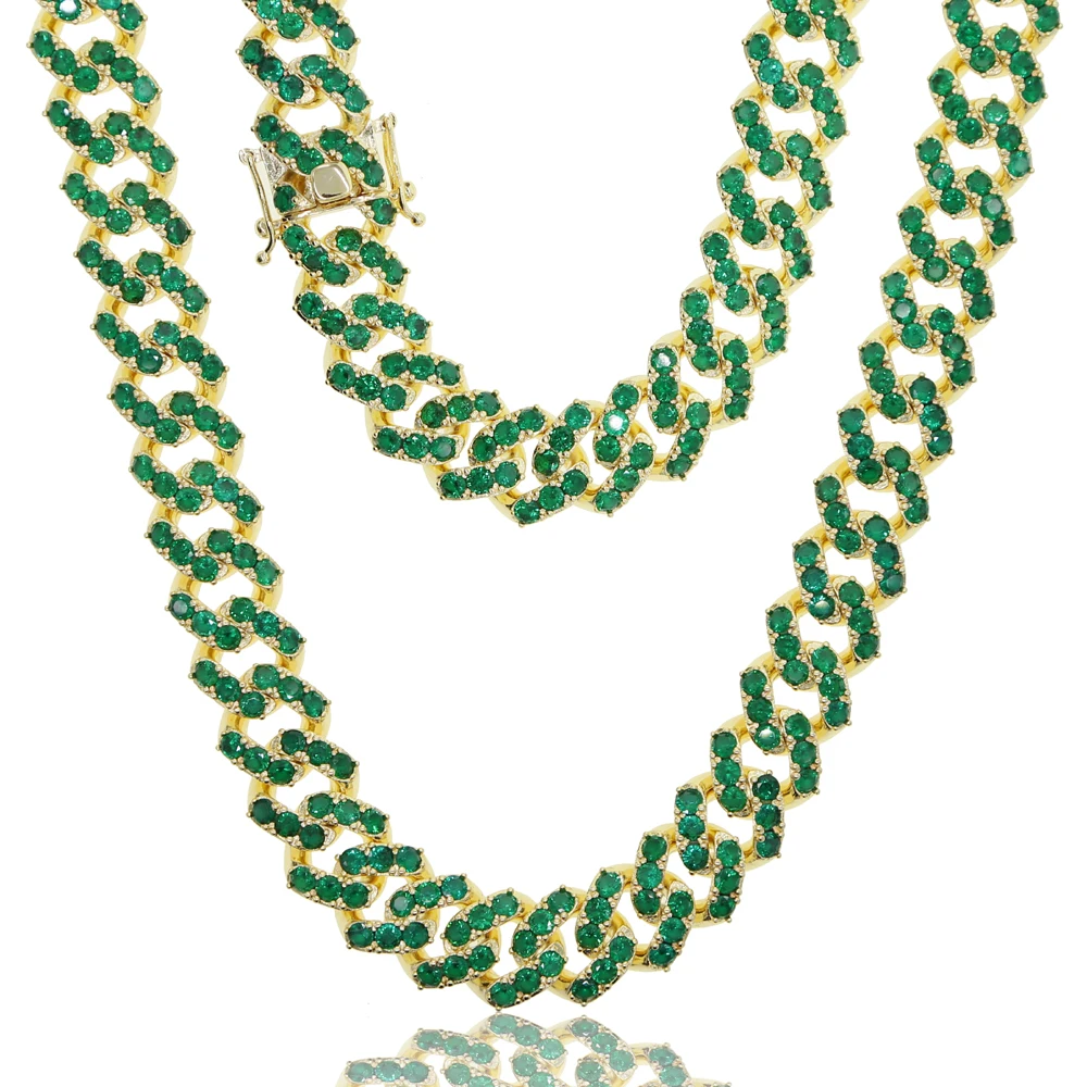 New Gold Color Green Cuban Link Miami Necklace 14mm Full Iced Out Bling Zircon Hip Hop Fashion Women Men Jewelry