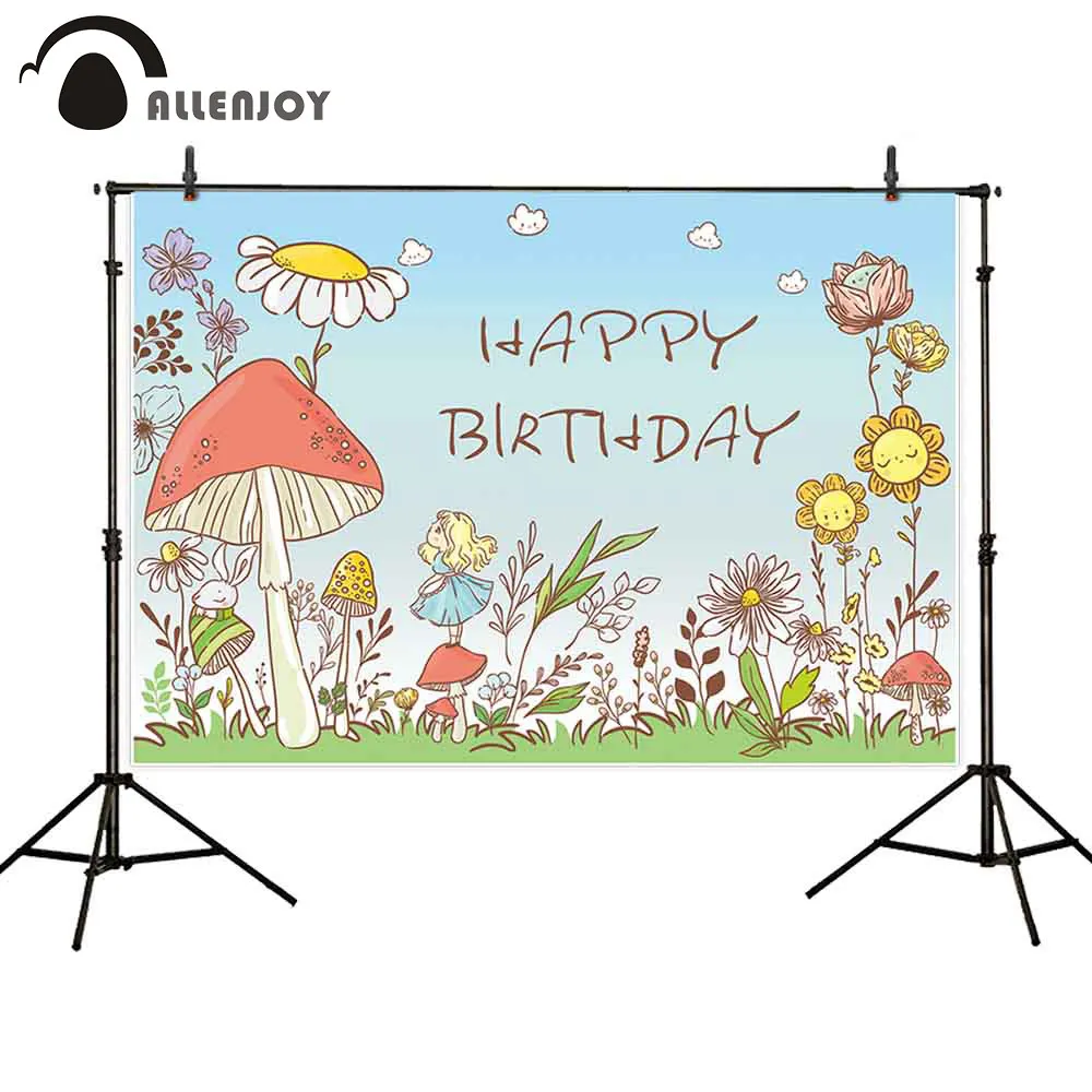 

Allenjoy kids backdrop fairy tale wonderland Cartoon plant rabbit happy Birthday party decor photo background photophone