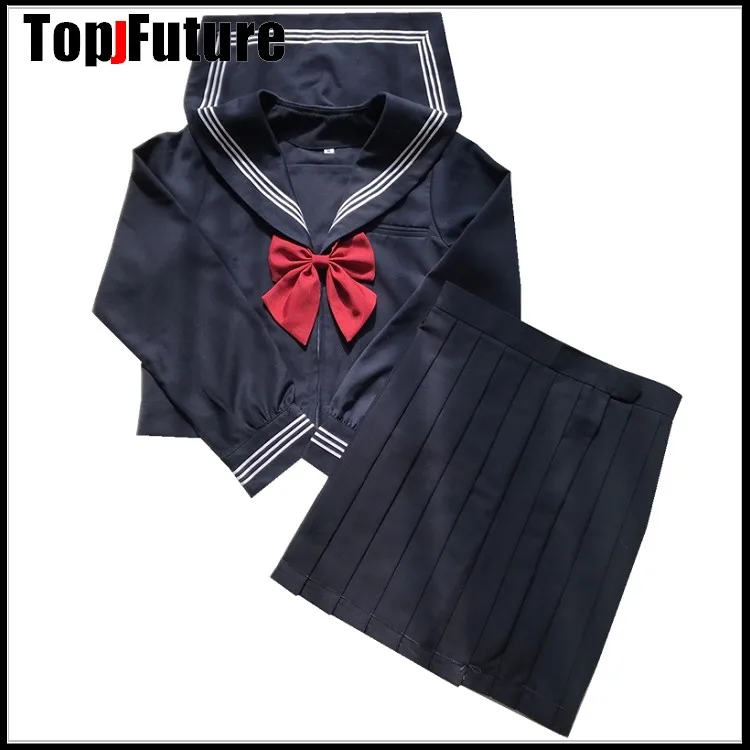 Donkerblauw Zwart Sailor Uniform Novelty School Meisje Uniformen Stage Performance Student Suits Korte Tops Met Lange Mouwen Geplooide Rok