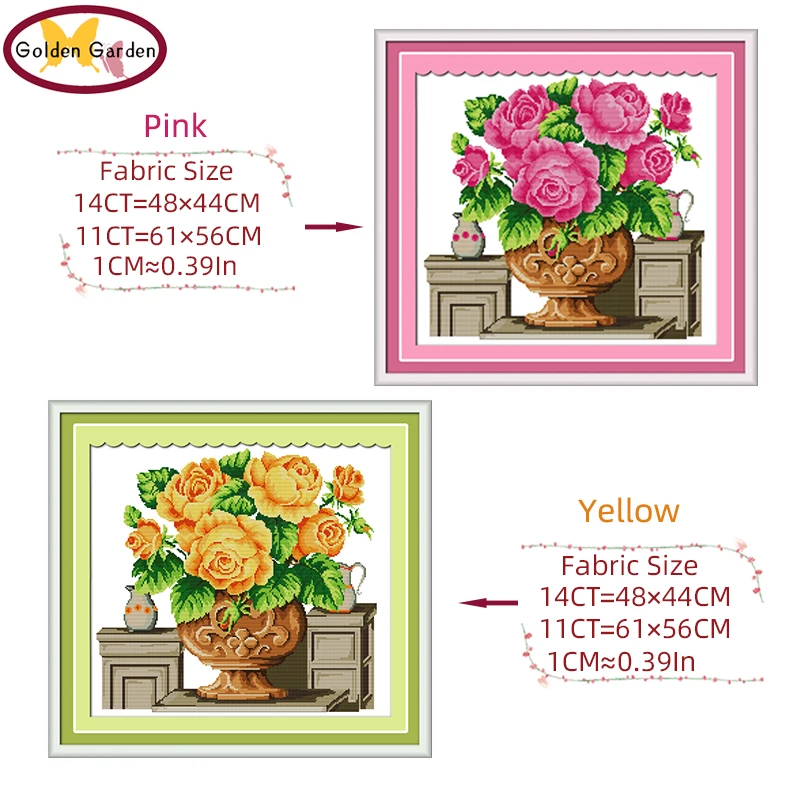 

GG Rose Vase Counted Cross Stitch 11CT 14CT Cotton Embroidery Needlework Sets Handmade Rose Cross Stitch Kits for Home Decor