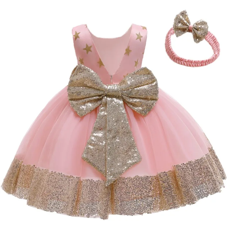 2020 Summer Sequin Big Bow Baby Girl Dress 1st Birthday Party Wedding Dress For Girl Palace Princess Evening Dresses Kid Clothes