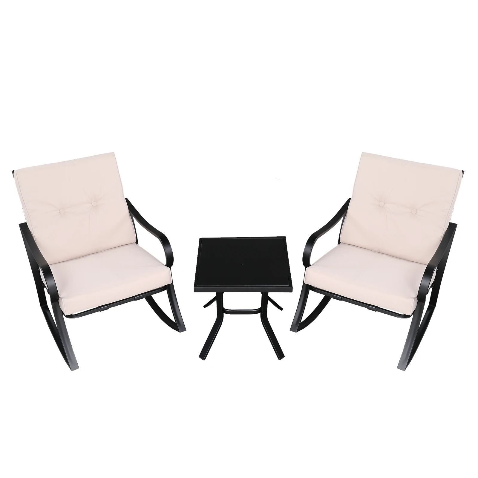 2pcs Strap Rocking Chair And 1pc Coffee Table Disassembly and Assembly Black Frame Beige Cushion Outdoor Furniture