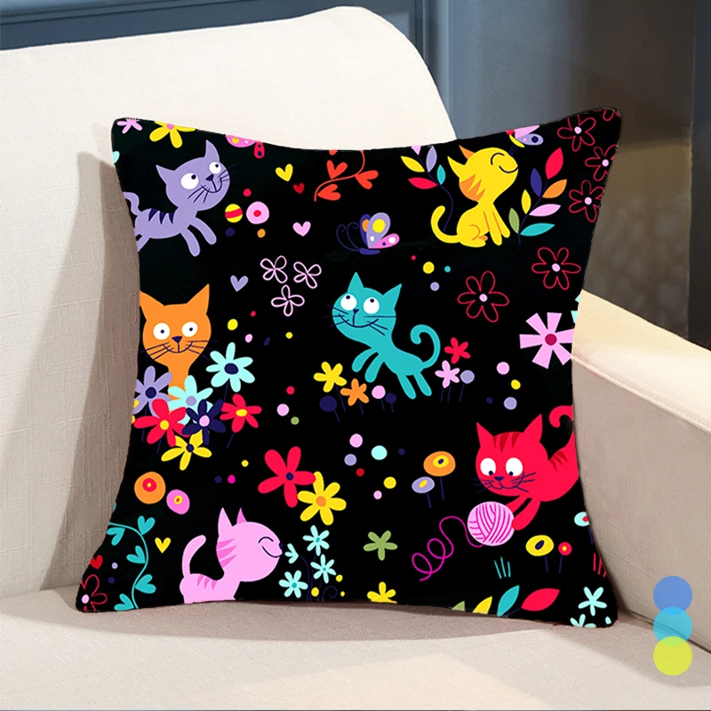 

Cartoon Ice Cream Cat Double Sided Polyester Throw Pillowcase Idyllic Small Floral Printed Sofa Bench Cushion Cover Decoration