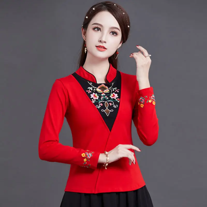 

Tang Costume Women Plus Size Tops 2024 Autumn Cotton Blend Embroidery Splicing Stand Collar Tradition Chinese Style Shirts Woman