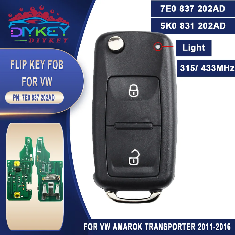 

DIYKEY 7E0 837 202AD / 5K0 831 202AD 315MHz/433MHz ID48 Chip Flip Remote Car Key Fob for Volkswagen Amarok Transporter 2011-2016