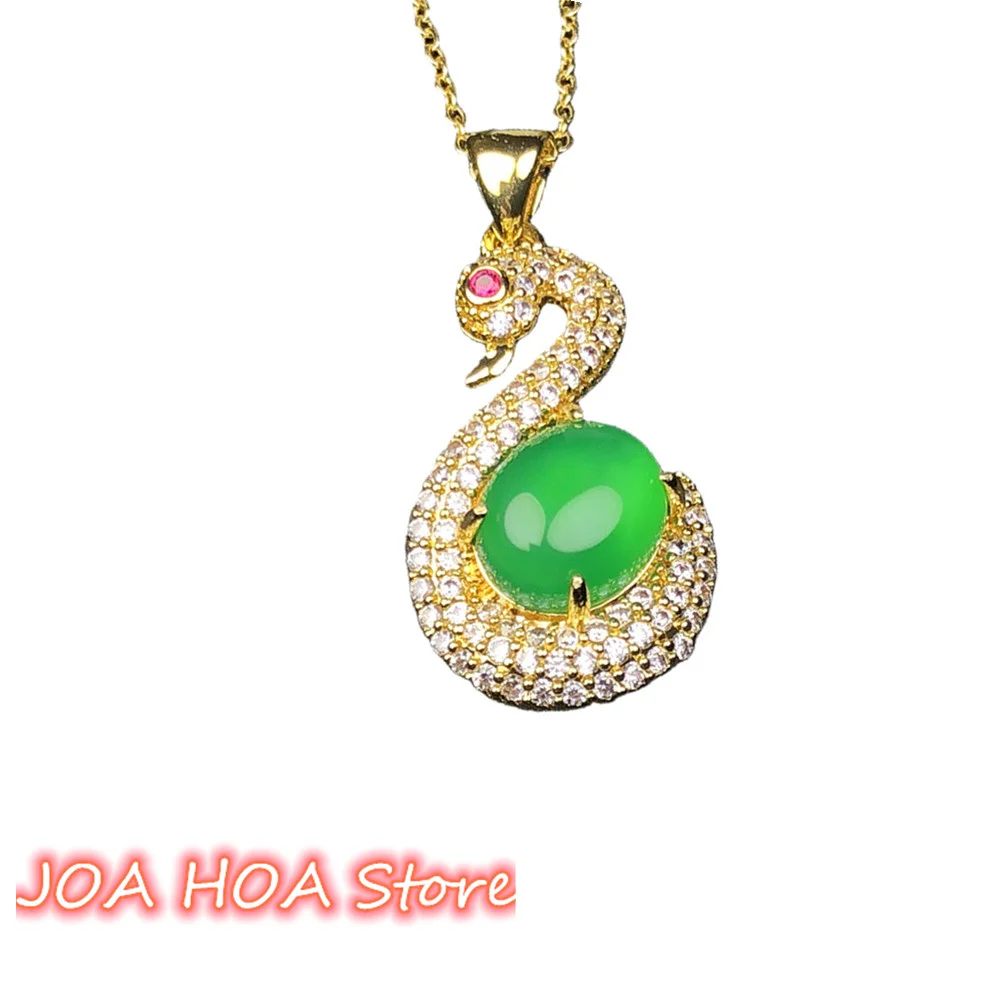 

Holy Beautiful Swan Pendant Gold-plated Inlaid Natural Green Chalcedony Zircon Jade Necklace Perfect Chain Fine Jewelry