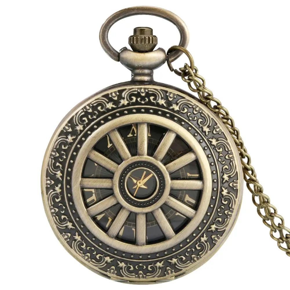 Antique Retro Bronze Hollow Wheel Gear Case Quartz Pocket Watch Necklace Roman Numerals Men Women Pendant Chain Souvenir Gifts