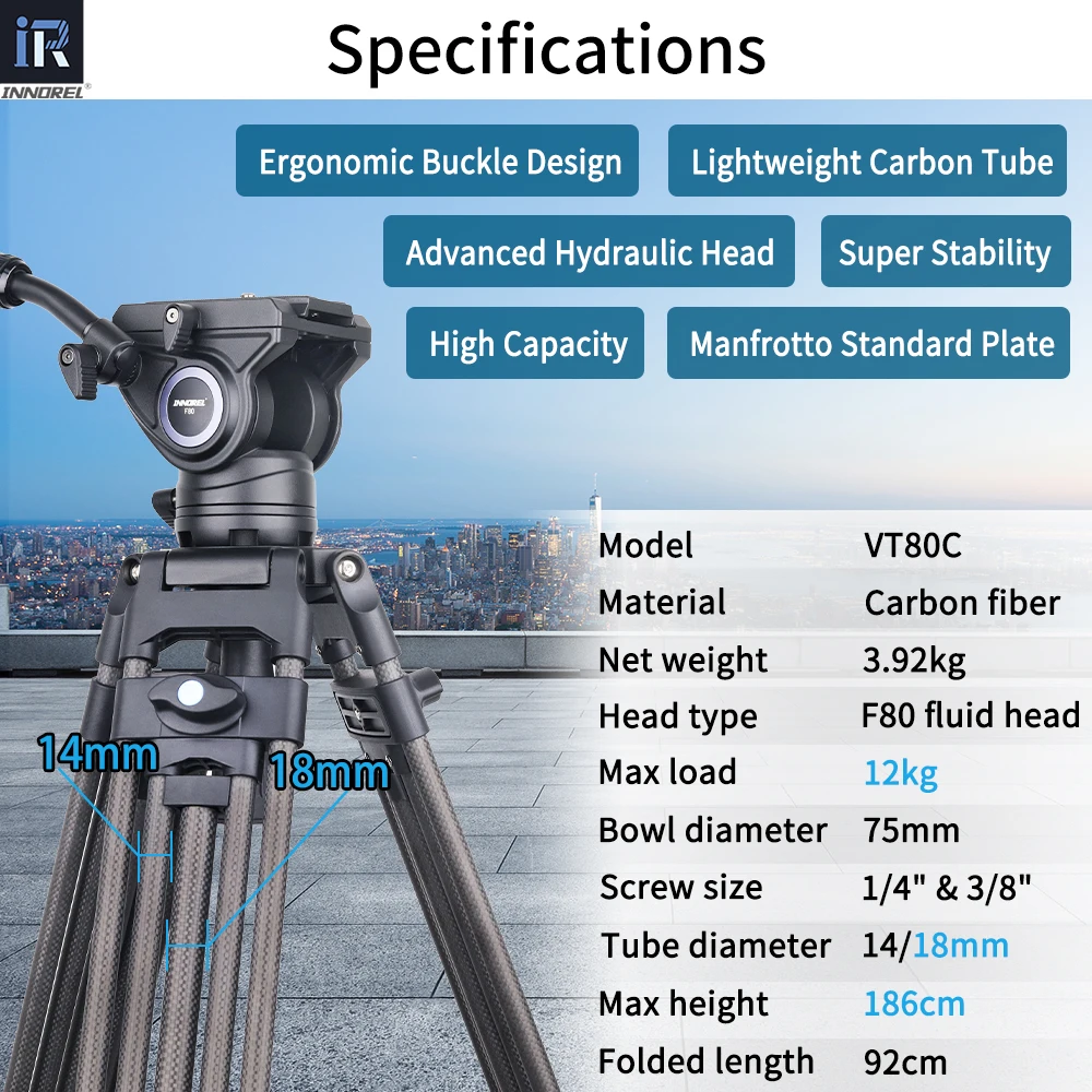 INNOREL VT80C Professional Carbon Fiber Video Tripod Fluid Video Head Tripod For DSLR Camera Camcorder Slider 1.86M 12kg Load