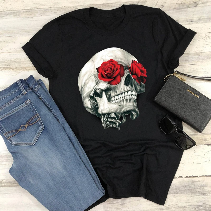 Rose Eye Skull Colored Print T-shirt Funny Women Gothic Hipster Rock Music Tshirt Aesthetic Mexican Halloween Tees Tops