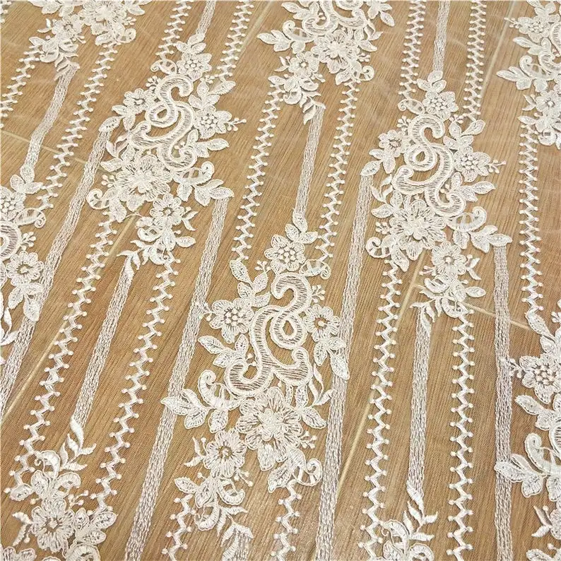 

Alencon Lace, Bridal Lace Fabric, Ivory Cord Flower Fabric, Embroidered Lace For Gowns, Haute Couture, Curtain