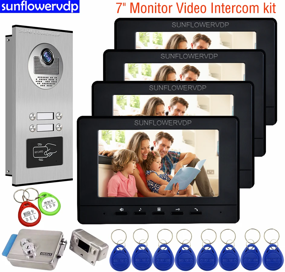 

2-6 Monitors Video Door Phone 7" Intercom Black/White Security Door Entry Rfid Video Doorbell For Apartments House Intercom+Lock