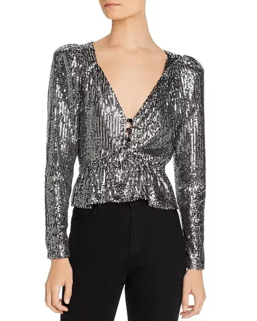 OUMEA Women Sequins Top V Neck Long Sleeve Elegant Silver Sequins Top With Buttons Back Key Hole Flounce Hem Party Blinking Top