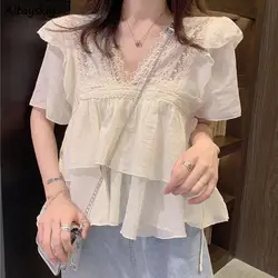 Blouses Women Chiffon Breathable Elegant V-neck Ruffles Design Short Sleeve Shirts All-match Female Korean Style Sweet Tops Chic