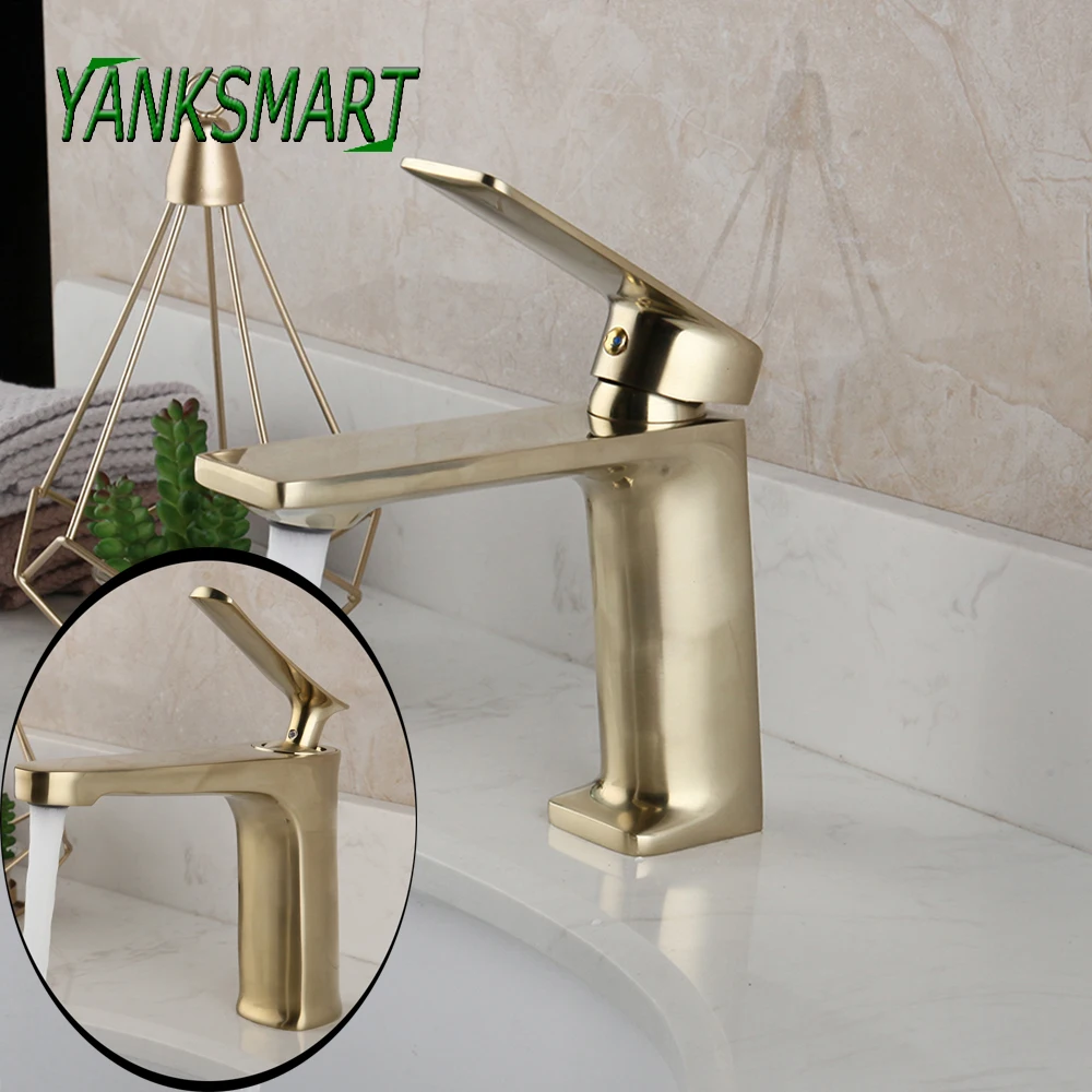 

YANKSMART Brushed Gold Bathroom Basin Sink Single Handle Faucet Solid Brass Deck Mounted Washbasin Faucets Cold & Hot Mixer Tap