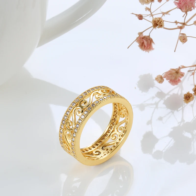 Kinel New Arrivals 18K Real Gold Ring Double Row Micro-wax Inlay Natural Zircon Hollow Rings Women Wedding Party Fine Jewelry