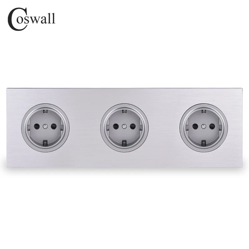 Coswall Luxurious Black / Silver Grey Aluminum Metal Panel Triple EU Russia Wall Socket Grounded With Children Protective Door