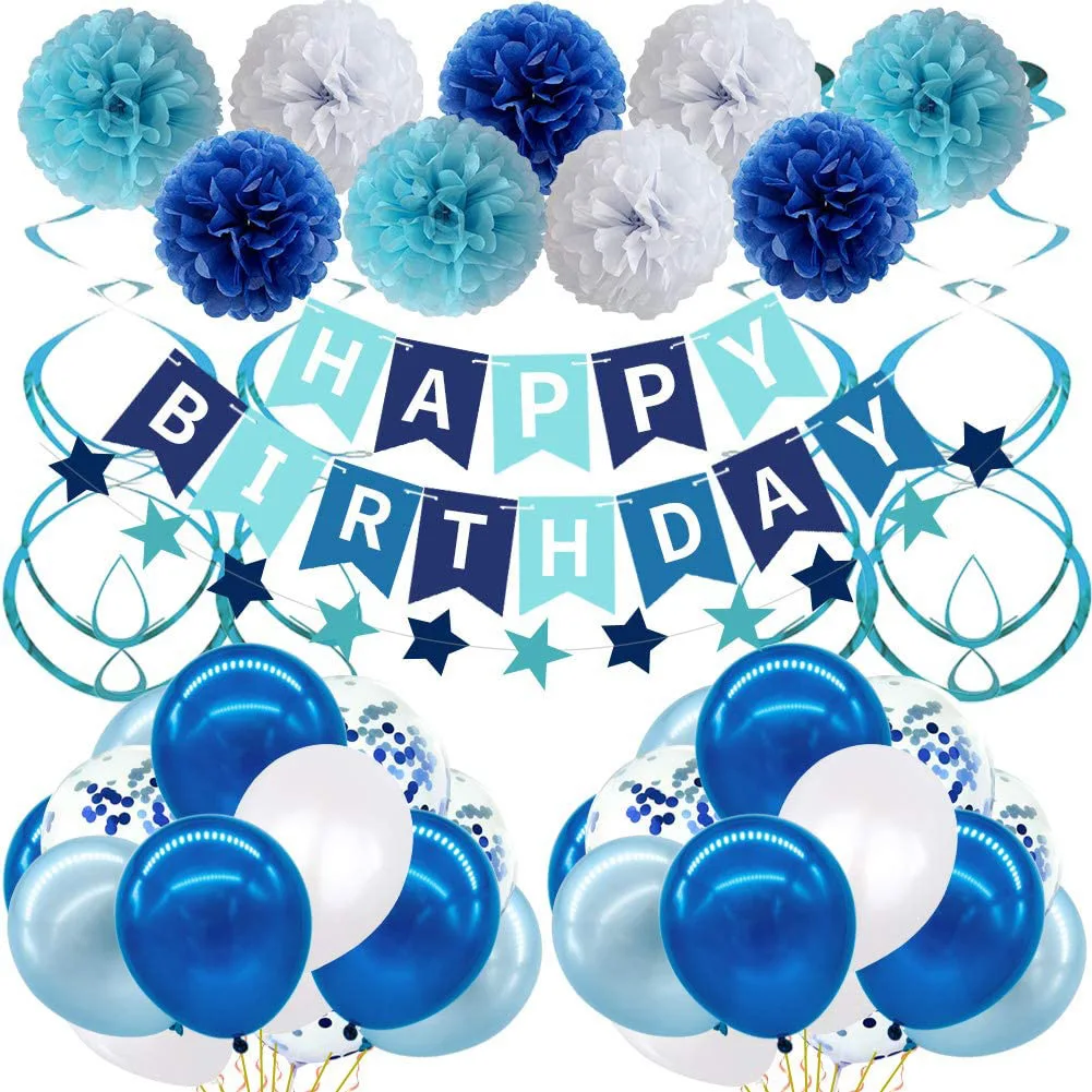 Birthday Party Decorations for Adult Men Kids,Including Pom Poms Flowers Happy Birthday Banner Hanging Swirls Confetti Balloons