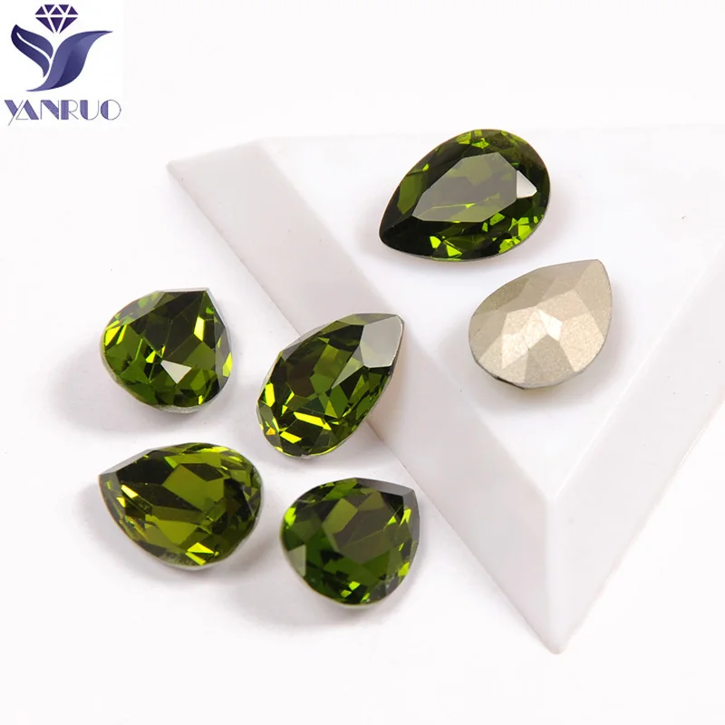 YANRUO 4320 Drop Olivine Color Nail Art Rhinestones Diamond Pointback Crystal Fancy Rhinestone For 3D DIY Nail Art Decoration