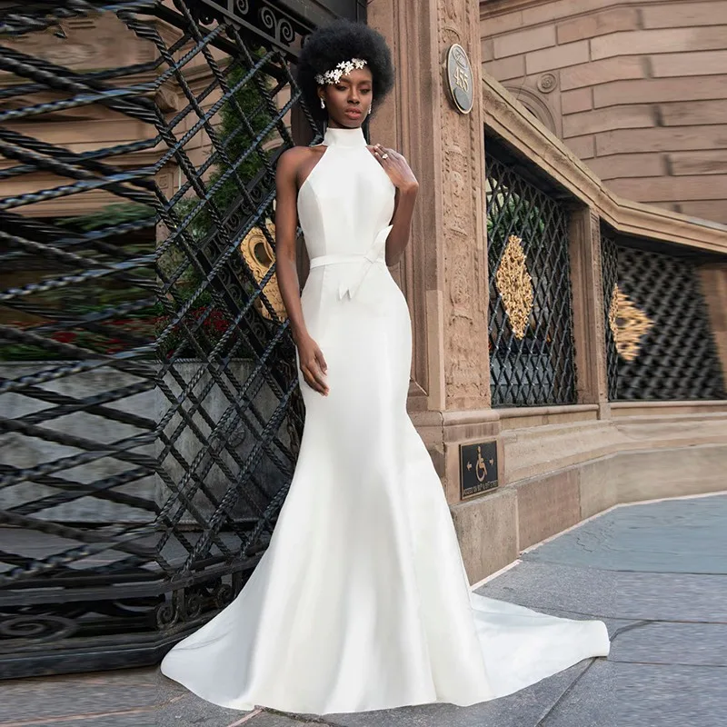 Simple African Mermaid Wedding Dresses 2021 Beach High Neck Backless Satin Bride Gowns Customized Robe De Mariee