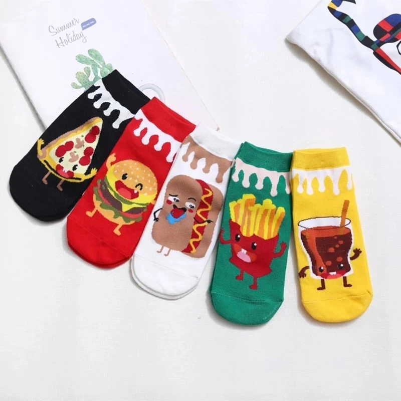 Women Socks Happy Cute Socks Hamburgers French Fries Donut Coke Funny Kawaii Sock Short Ankle Woman Harajuku Sox 5 Pairs 1 Lot