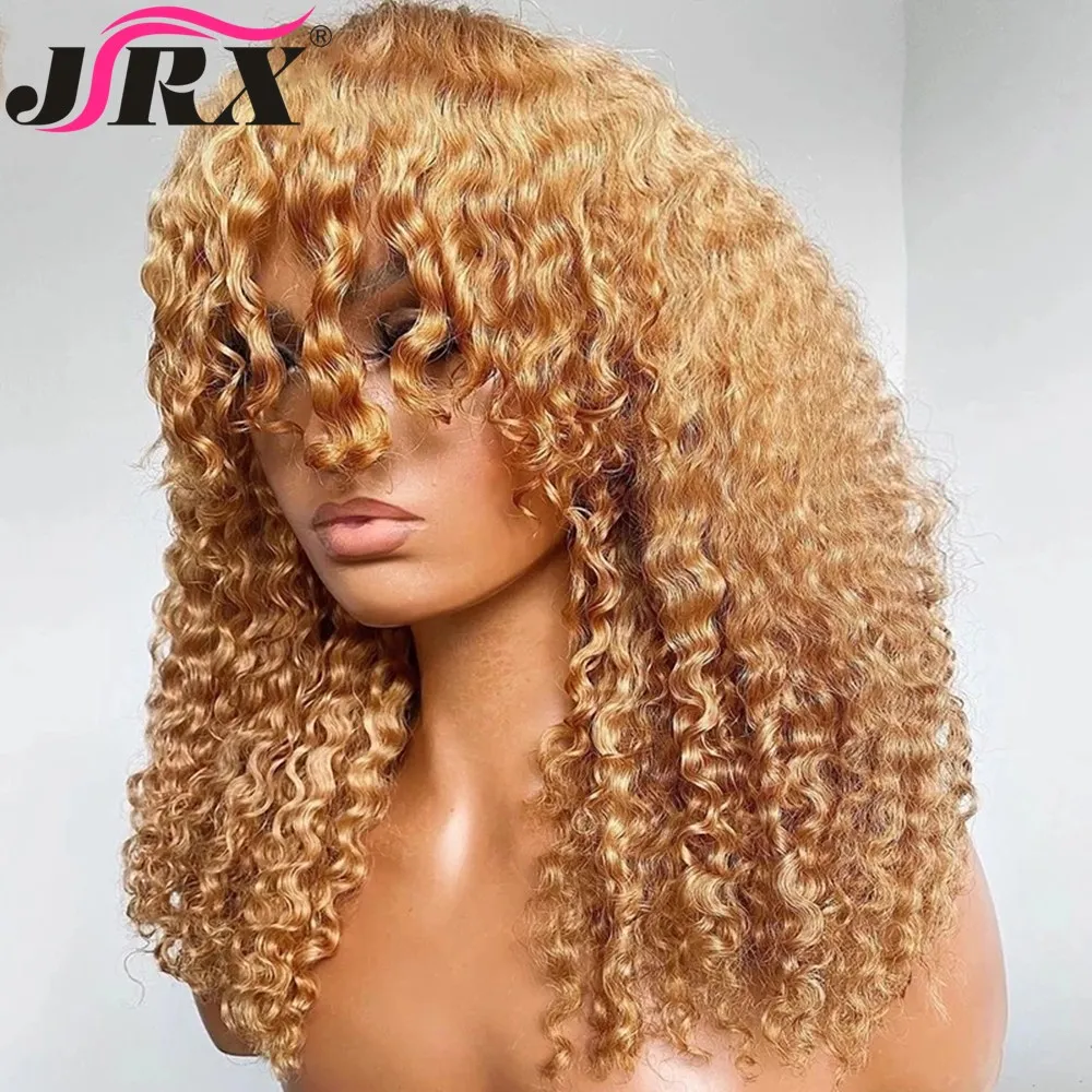 Perruque Bob Péruvienne Naturelle Remy avec Frange pour Femme, Cheveux Courts Crépus et Bouclés, Blond Miel, Faite à la Machine