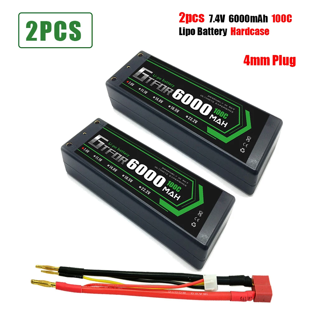 

GTFDR 6000mAh 4mm Lipo Battery 7.4V 100C/200C 2S LiPo RC Battery Deans XT60 EC5 for RC Evader Car Truck Truggy Buggy Helicopter